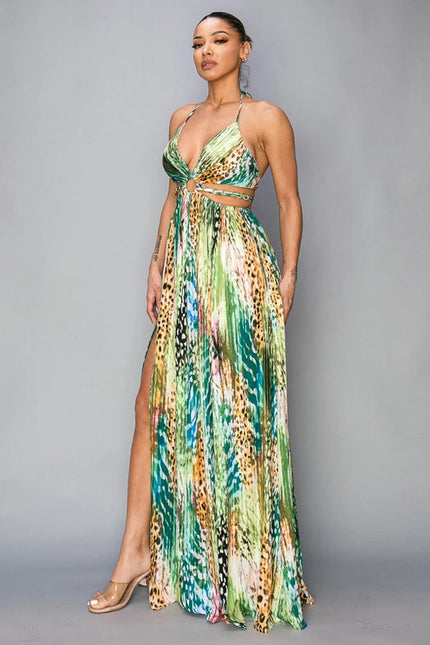 Printed Cut Out/Gold Chain Maxi Dress