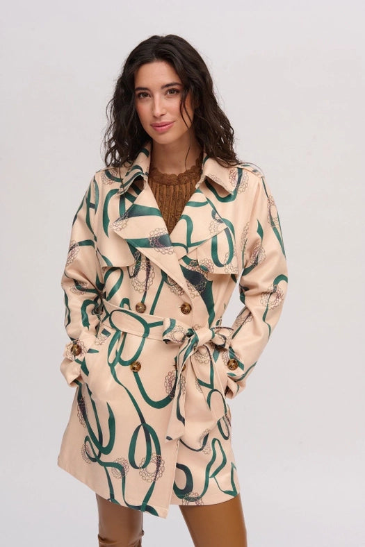 Printed Faux Leather Trench Coat