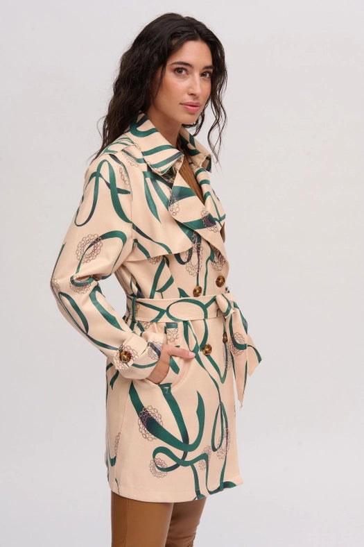 Printed Faux Leather Trench Coat