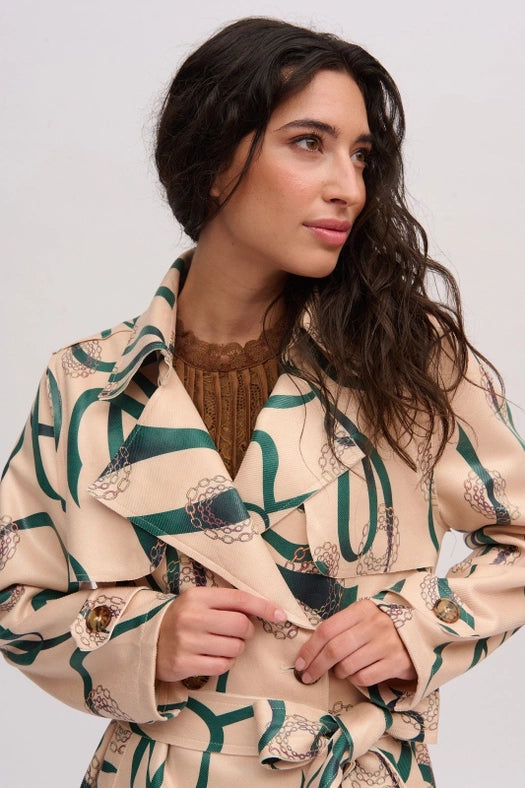 Printed Faux Leather Trench Coat