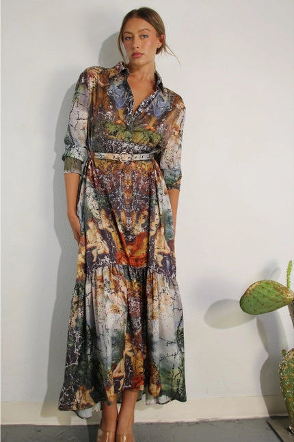 Printed Long Sleeve Long Dress