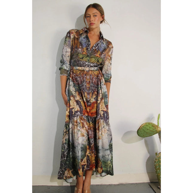 Printed Long Sleeve Long Dress