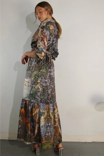 Printed Long Sleeve Long Dress