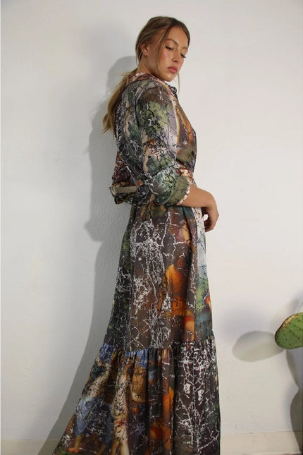 Printed Long Sleeve Long Dress