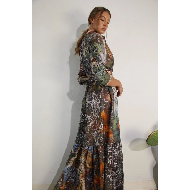 Printed Long Sleeve Long Dress