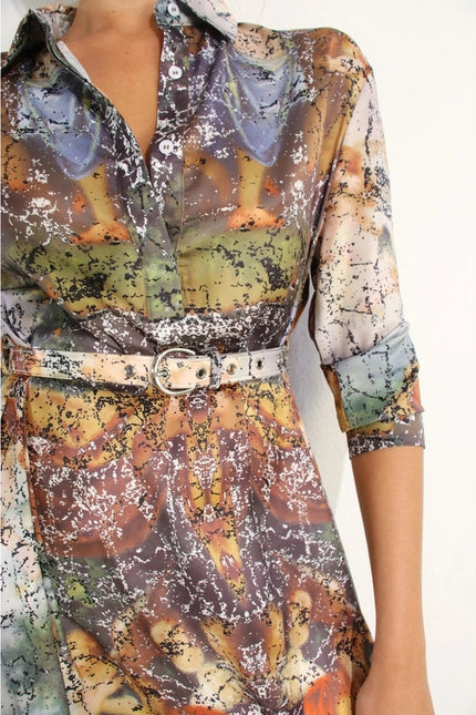 Printed Long Sleeve Long Dress