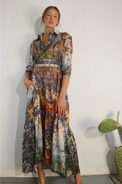 Printed Long Sleeve Long Dress