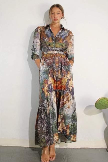 Printed Long Sleeve Long Dress