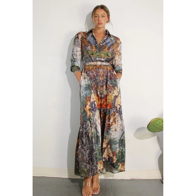 Printed Long Sleeve Long Dress