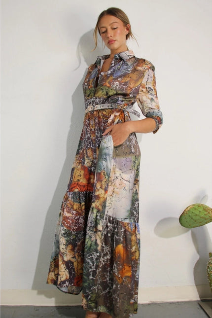 Printed Long Sleeve Long Dress