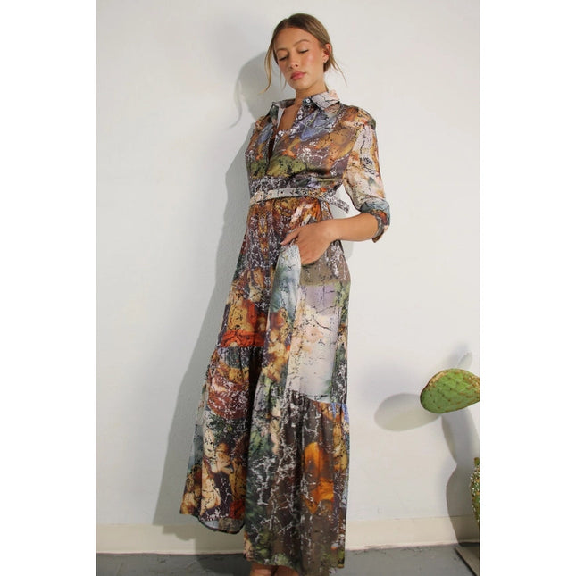 Printed Long Sleeve Long Dress