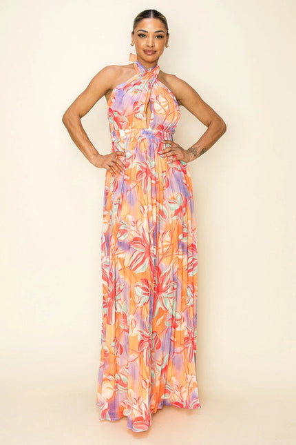 Printed Pleated Cross Halter Key Hole Front Maxi Purple