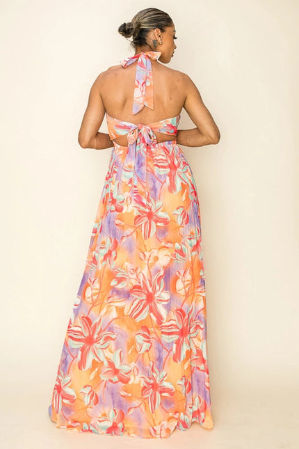 Printed Pleated Cross Halter Key Hole Front Maxi Purple