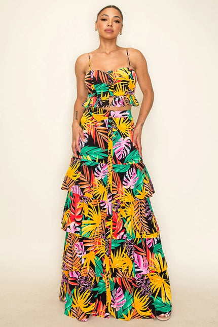 Printed Poly Challi Multi Tiered Maxi Skirt Set Black