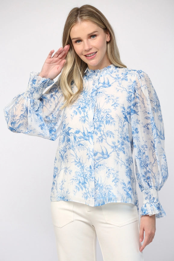 Printed Tencel Blend Ruffle Neck Blouse