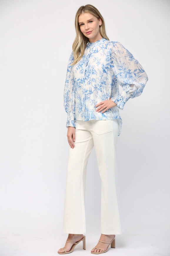 Printed Tencel Blend Ruffle Neck Blouse