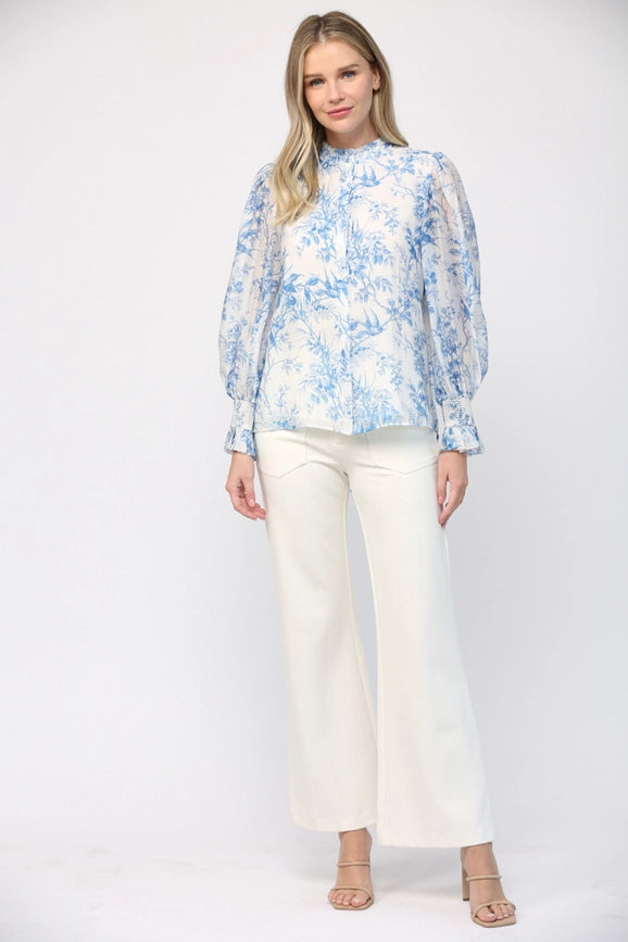 Printed Tencel Blend Ruffle Neck Blouse