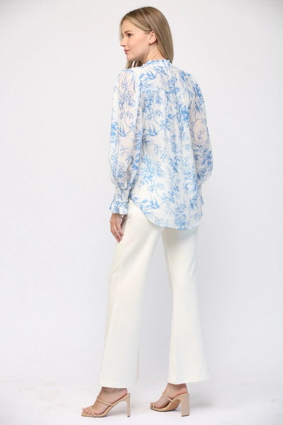 Printed Tencel Blend Ruffle Neck Blouse