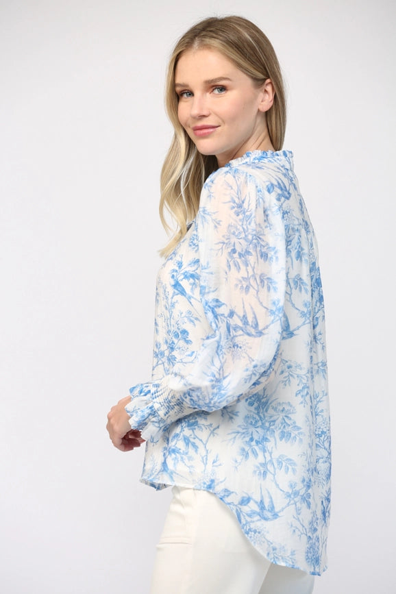 Printed Tencel Blend Ruffle Neck Blouse