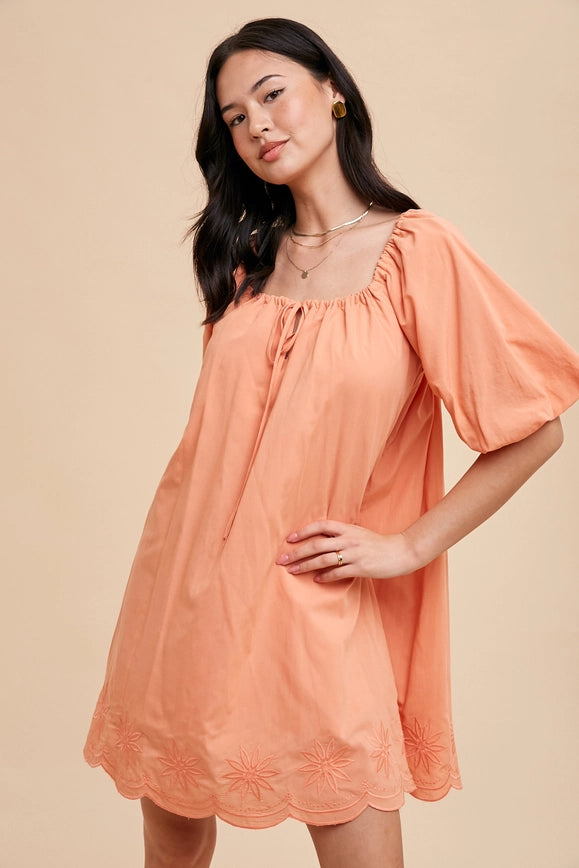 Puff Sleeve Embroidered Cotton Modal Dress Apricot Crush