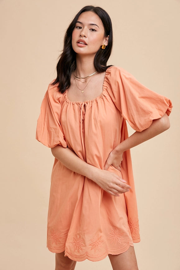 Puff Sleeve Embroidered Cotton Modal Dress Apricot Crush