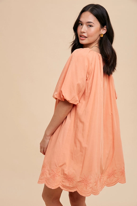 Puff Sleeve Embroidered Cotton Modal Dress Apricot Crush