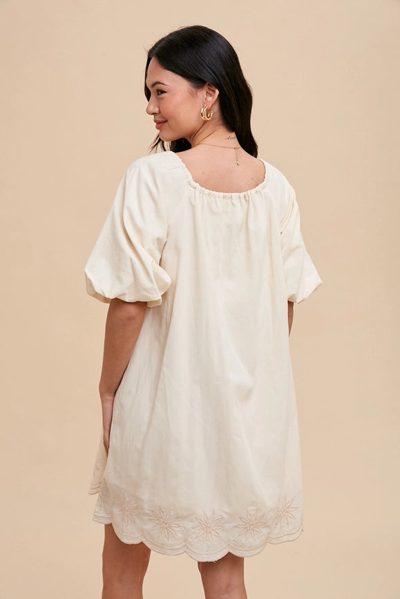 Puff Sleeve Embroidered Cotton Modal Dress Creme