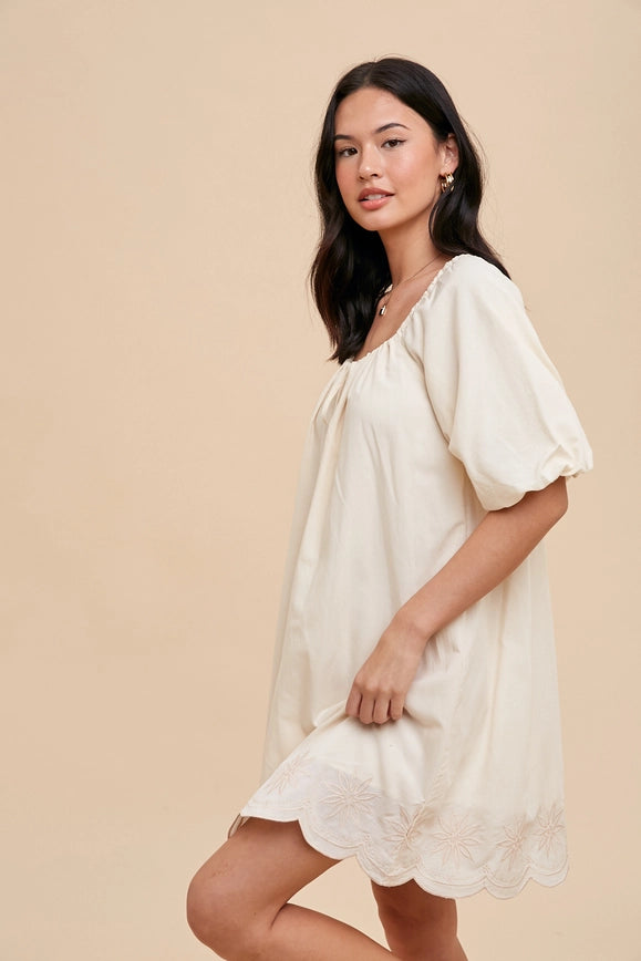 Puff Sleeve Embroidered Cotton Modal Dress Creme