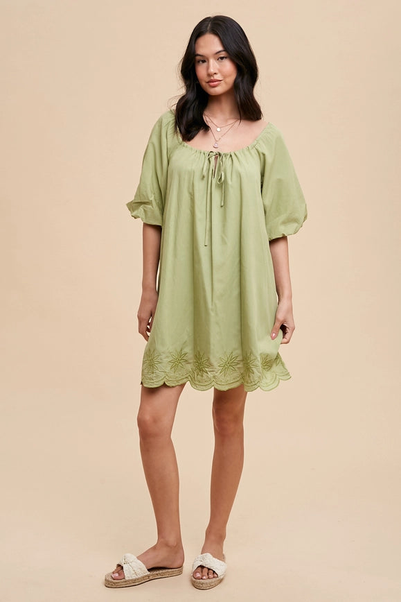 Puff Sleeve Embroidered Cotton Modal Dress Moss