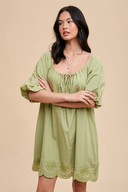 Puff Sleeve Embroidered Cotton Modal Dress Moss