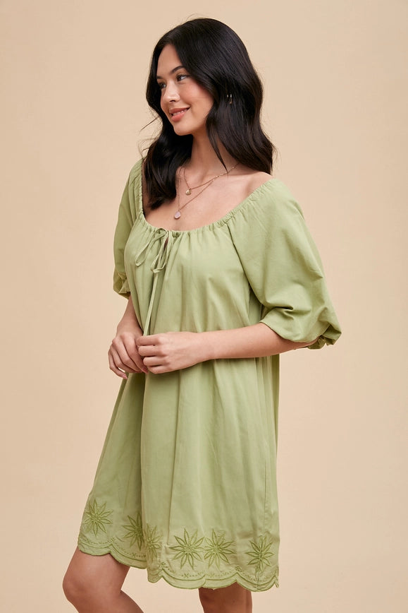 Puff Sleeve Embroidered Cotton Modal Dress Moss