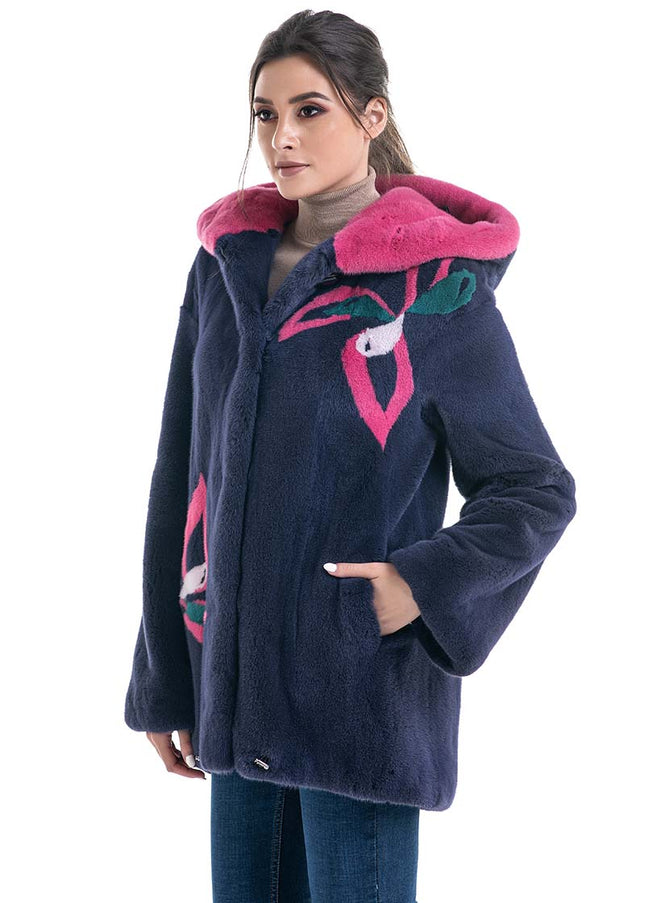 Purple Floral Patterned Genuine Hooded Mink Fur Coat-0