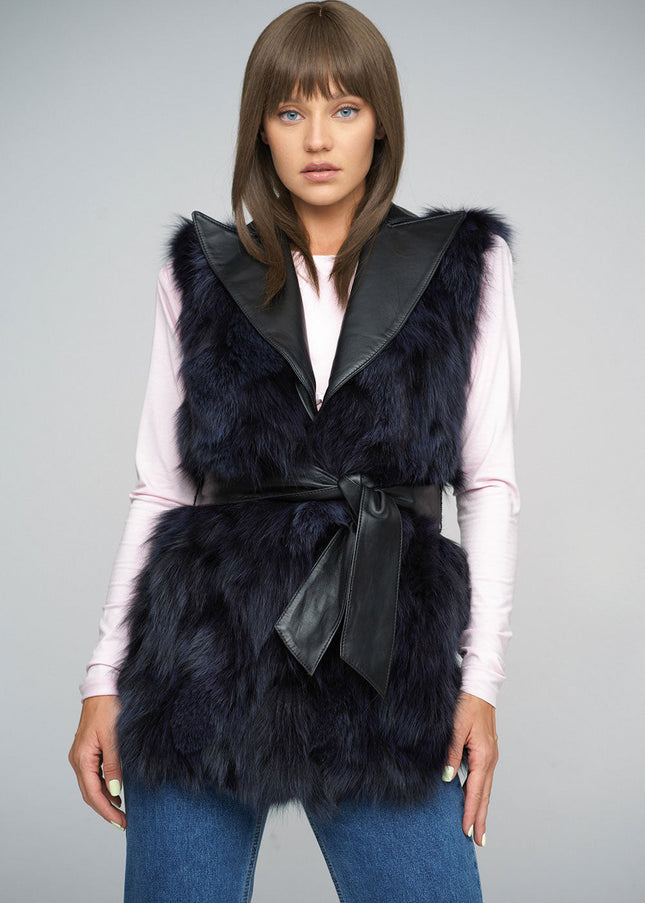 Purple Genuine Fox Fur Vest with Leather Belt-0