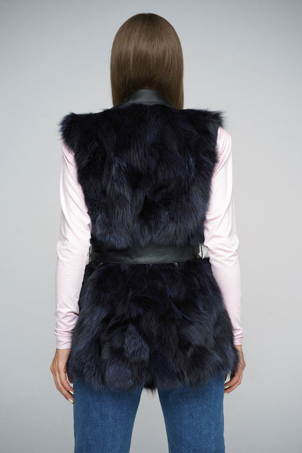 Purple Genuine Fox Fur Vest with Leather Belt-1