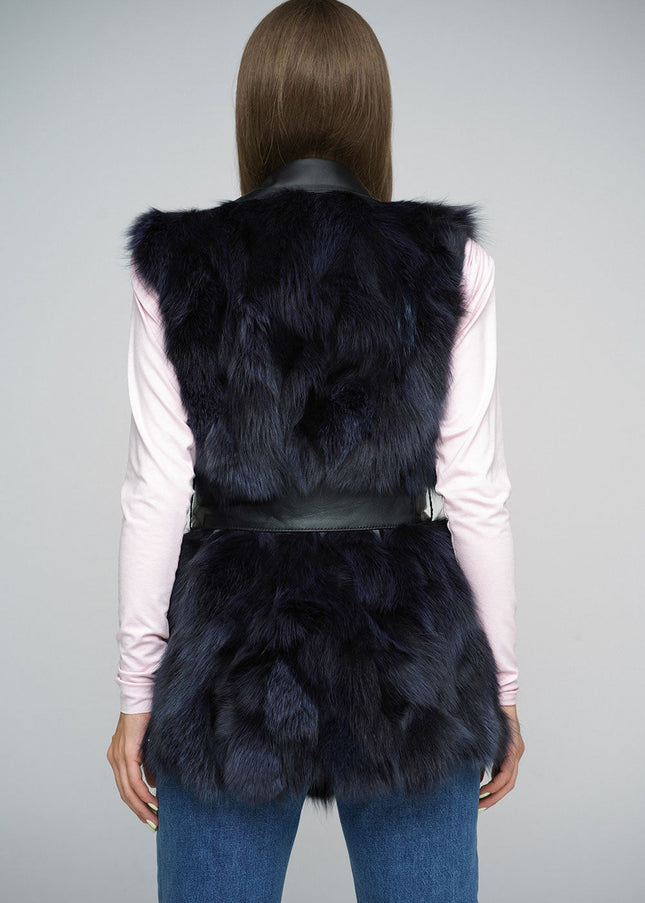 Purple Genuine Fox Fur Vest with Leather Belt-1