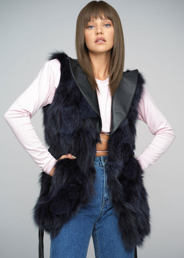 Purple Genuine Fox Fur Vest with Leather Belt-2