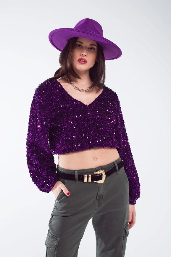 Purple Sequin Top with V-Neckline Ballon Sleeves