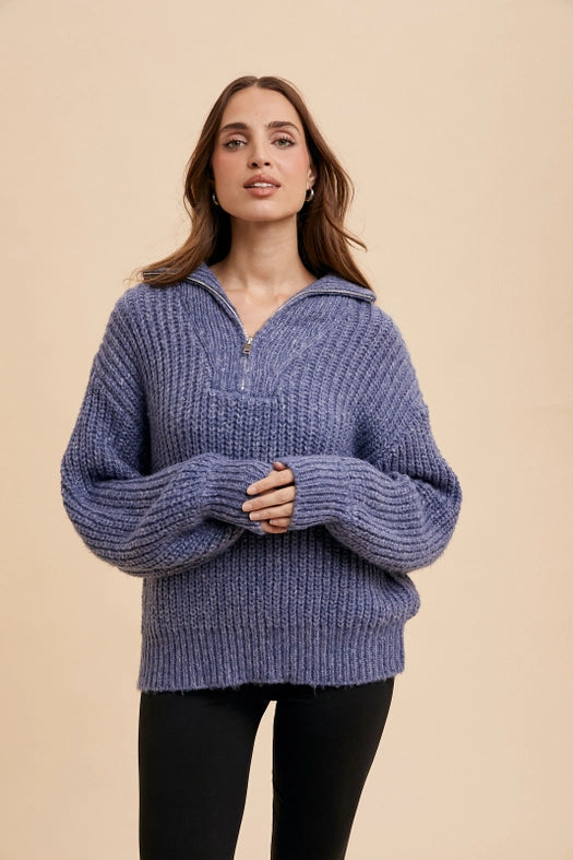 Quarter Zip Knitted Polo Sweater BLUE DUSK