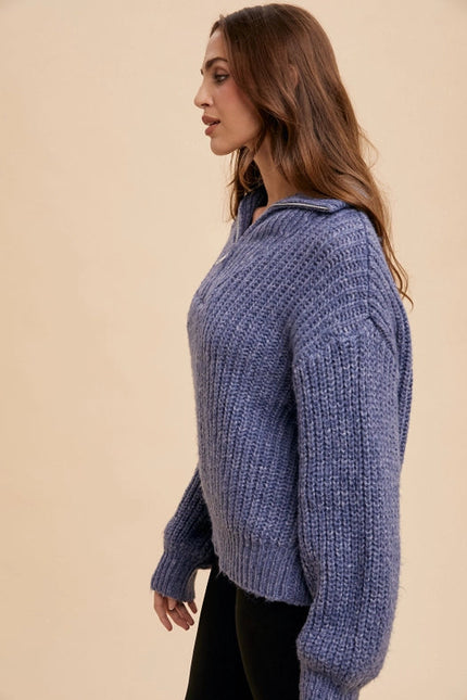 Quarter Zip Knitted Polo Sweater BLUE DUSK