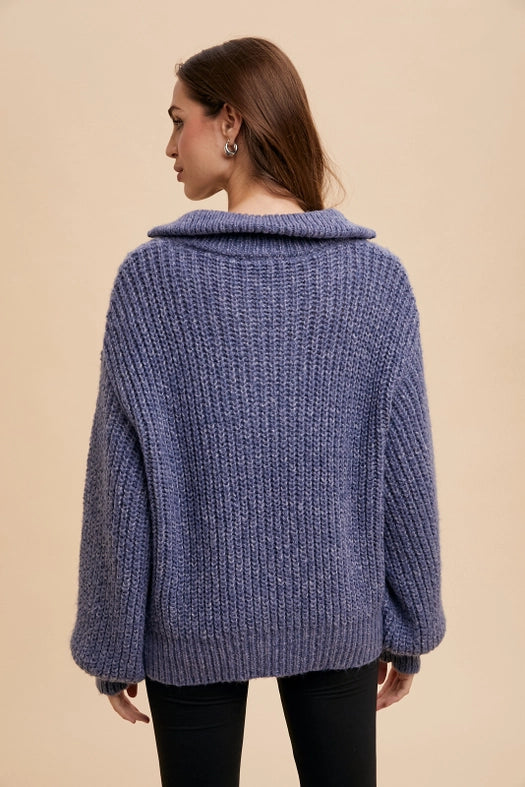 Quarter Zip Knitted Polo Sweater BLUE DUSK