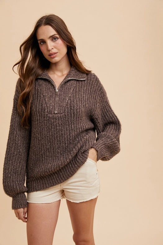 Quarter Zip Knitted Polo Sweater MOCHA