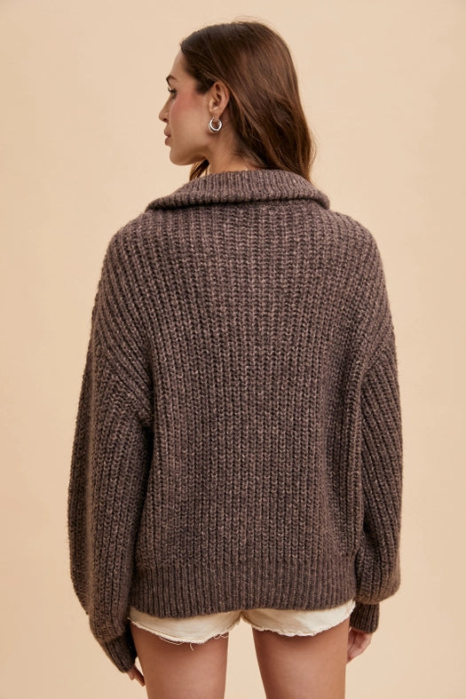 Quarter Zip Knitted Polo Sweater MOCHA