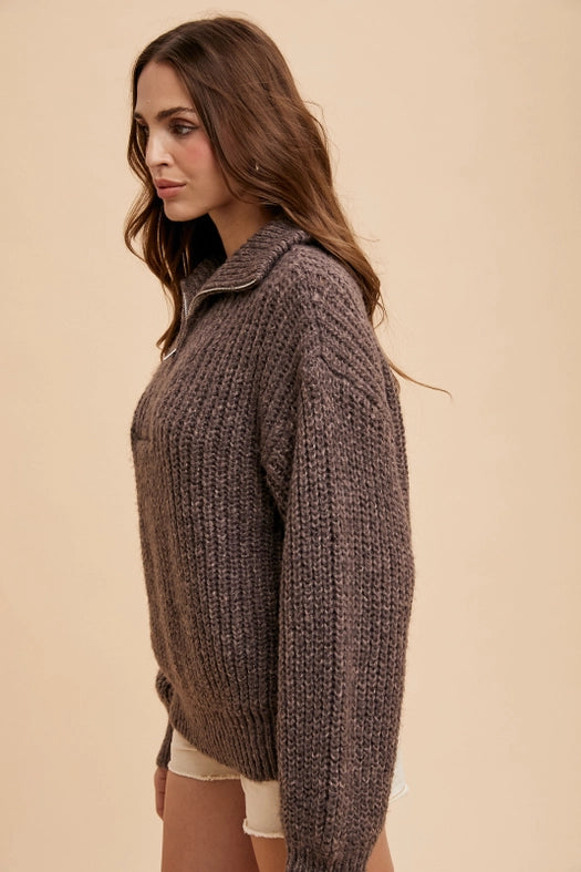 Quarter Zip Knitted Polo Sweater MOCHA