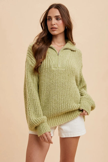 Quarter Zip Knitted Polo Sweater PISTACHIO