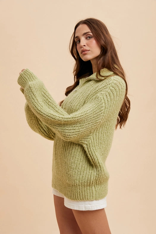 Quarter Zip Knitted Polo Sweater PISTACHIO