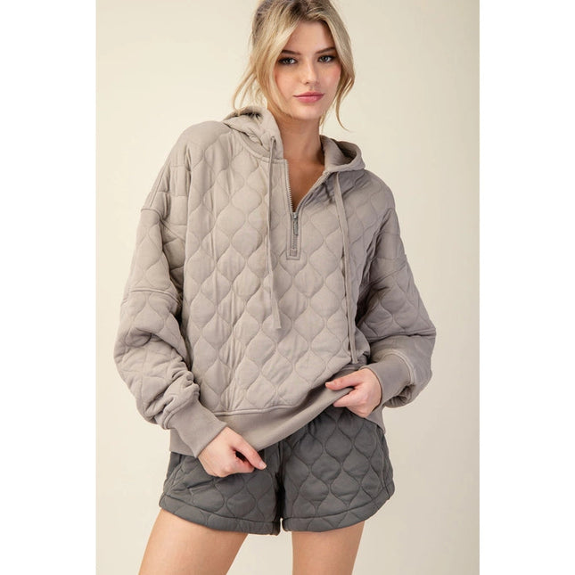 Quilted Quarter Zip Hoodie Jacket Stone Taupe