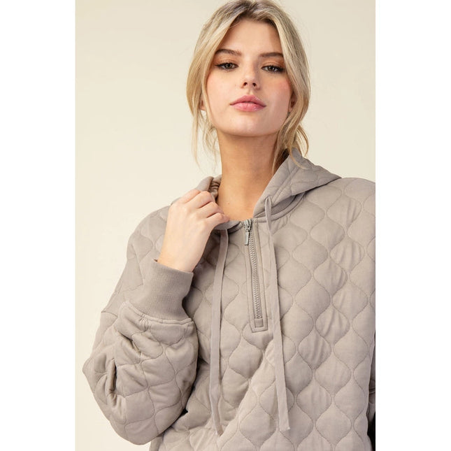 Quilted Quarter Zip Hoodie Jacket Stone Taupe