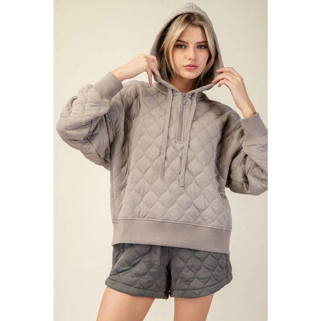 Quilted Quarter Zip Hoodie Jacket Stone Taupe