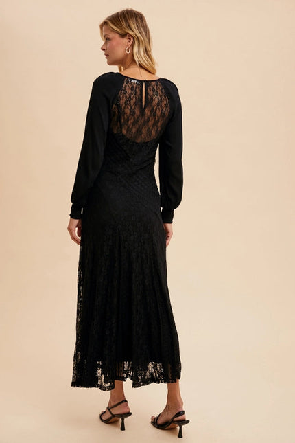 Raglan Vintage Lace Paneled Dress BLACK