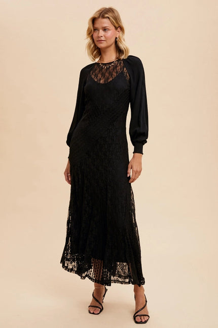 Raglan Vintage Lace Paneled Dress BLACK